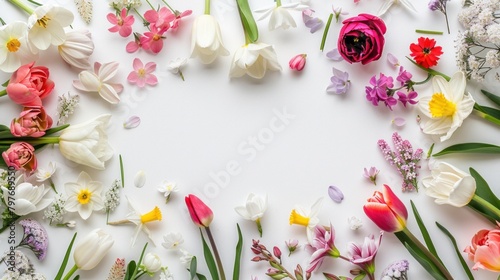 Spring flowers flat lay arrangement on a pristine white background