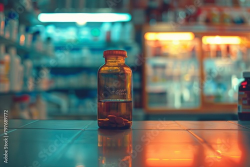 Bottle of liquid sitting on a counter in a store. Medicine background 