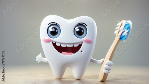 Cartoonic tooth with toothbrush photo