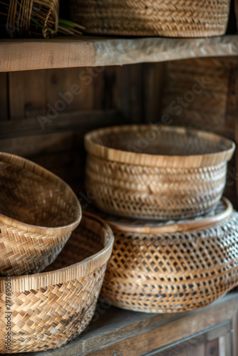 The intricate weave patterns of woven baskets made from materials like rattan, wicker, or seagrass. Woven basket textures offer a rustic yet refined backdrop with a touch of natural charm.  © grey