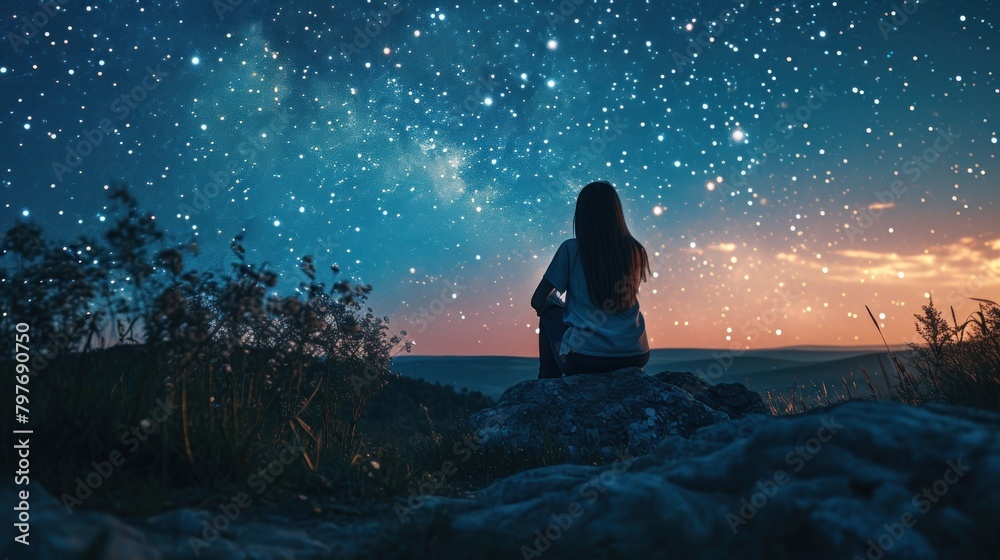 Beautiful lonely young woman organizing a personal concert under the starry sky. Copy Space