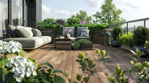Beautiful Modern Terrace with Wood Deck Flooring, Green Potted Flowers, and Outdoor Furniture