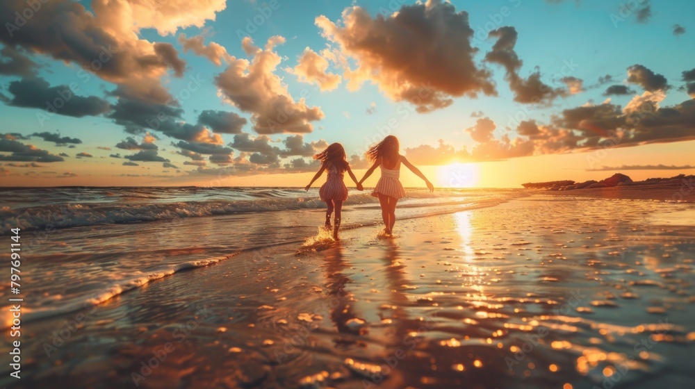 Two women running on the beach at sunset