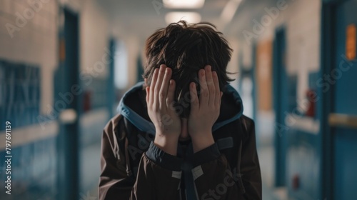 Upset Boy Covers Face with Hands in School Corridor © Postproduction