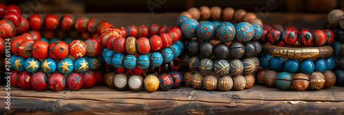  Bracelets left by visitors at Choeung Ek Killing, A colorful bead necklace with a wooden base and a wooden base. 