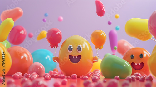 3d squishy cartoon characters holding balloons