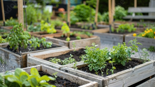 Urban community garden featuring wooden raised beds with flourishing vegetables
