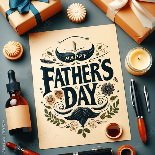 Father's Day poster or banner template with hat, necktie, and gift box 