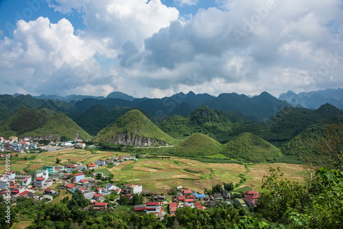 View of the Twin Mountains and limestone karst plateau from Quan Ba Heaven Gate, Tam Son, Ha Giang, Vietnam