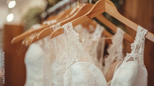 Elegant white wedding dresses on display in high-end bridal boutique, evoking luxury.
