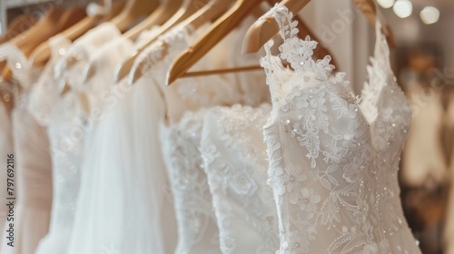 Luxury bridal dresses. White wedding dresses in a bridal shop