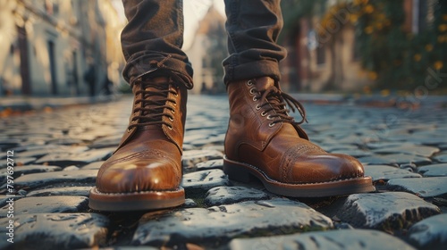 Close-up of Leather Boots on Cobblestone for a Lifestyle Blog