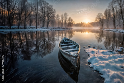 L'alba invernale serena sul lago coperto di neve