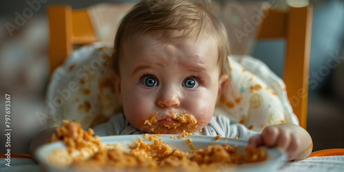 A image of a baby trying solid foods for the first time  with messy but adorable expressions as they explore new tastes and textures