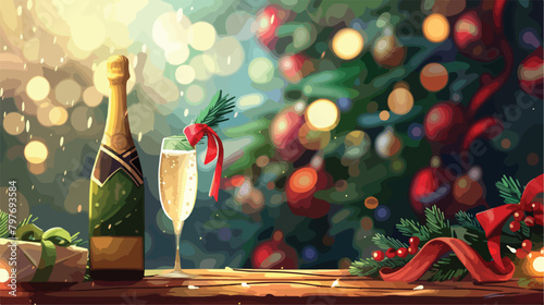 Bottle and glass of champagne with Christmas decor