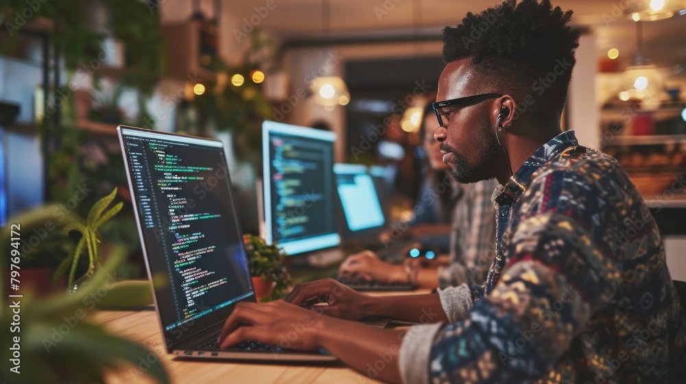 Programmers showcasing their favorite coding snacks, creating a lighthearted and relatable portrayal of daily coding rituals. Copy Space Programmers showcasing their favorite coding snacks, creating a lighthearted and relatable portrayal of daily coding rituals. Copy Space