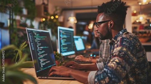 Programmers showcasing their favorite coding snacks, creating a lighthearted and relatable portrayal of daily coding rituals. Copy Space photo