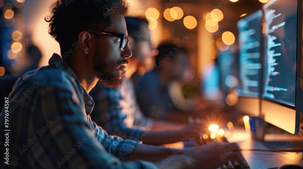 Programmers participating in coding challenges, showcasing their problem-solving prowess and competitive spirit. Copy Space Programmers participating in coding challenges, showcasing their problem-solving prowess and competitive spirit. Copy Space