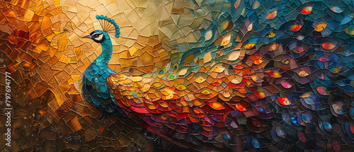 A mosaic of a peacock made of many small pieces of colored glass