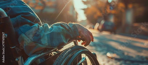 Closeup of young man in wheelchair with blurred sunlight background. Generate AI image