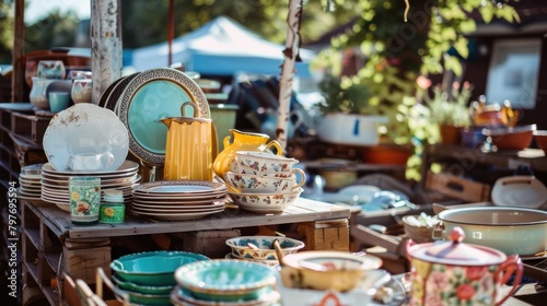 Collection of pre-loved household items at flea market or thrift store