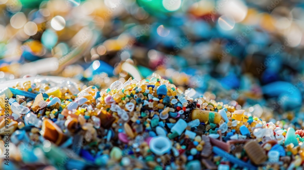 Microplastics Pollution. Close-up of sea beach sand littered with microplastics, highlighting pollution. Microplastics Pollution. Close-up of sea beach sand littered with microplastics, highlighting pollution.