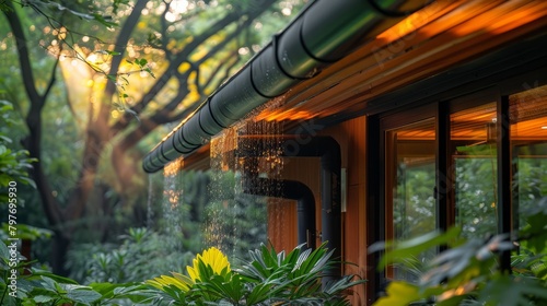 Metallic Gutter on Wooden Cabin in Lush Greenery photo