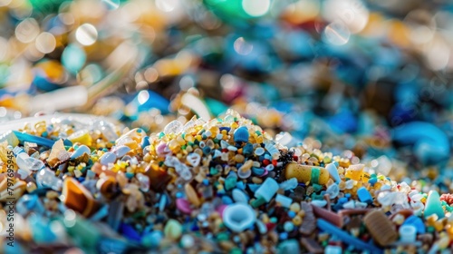 Microplastics Pollution. Close-up of sea beach sand littered with microplastics, highlighting pollution. photo