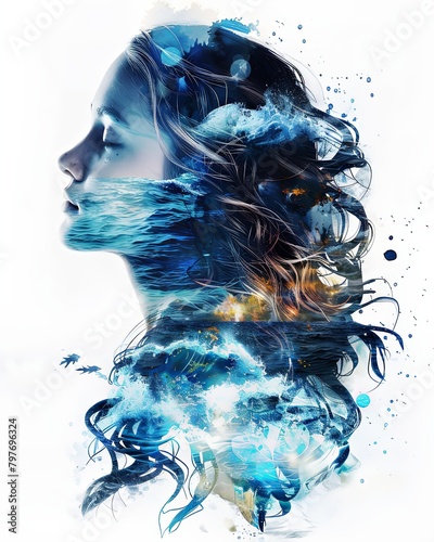 Double exposure illustration of a woman with water waves splashes background