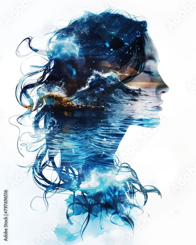 Double exposure illustration of a woman with water waves splashes background