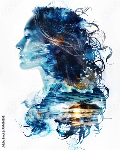Double exposure illustration of a woman with water waves splashes background