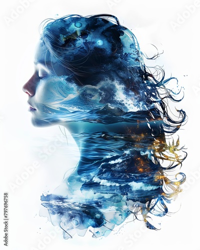 Double exposure illustration of a woman with water waves splashes background