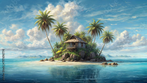 oil painting of small tropical island with palms and hut surrounded sea blue water. Scenery of tiny island in ocean. Concept of vacation  travel  nature  summer