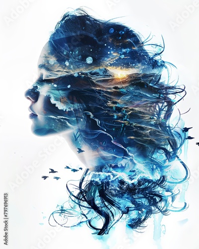 Double exposure illustration of a woman with water waves splashes background