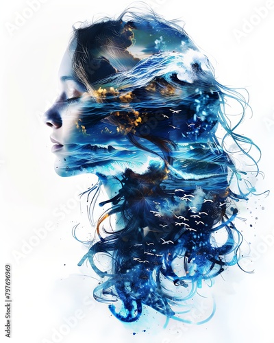 Double exposure illustration of a woman with water waves splashes background