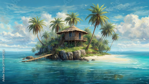 oil painting of small tropical island with palms and hut surrounded sea blue water. Scenery of tiny island in ocean. Concept of vacation  travel  nature  summer