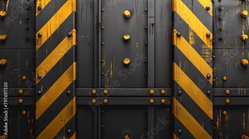 A close up of a black and yellow striped door with rivets, AI