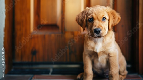 Eager puppy sitting patiently by front door, filled with anticipation for upcoming adventure.