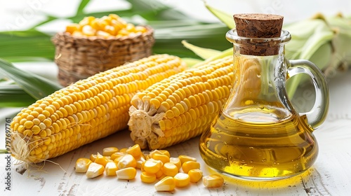 Corn oil in decanter, fresh corn cobs 