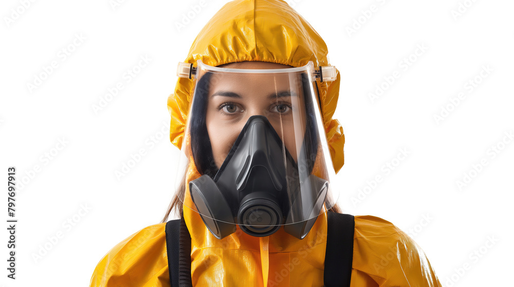 woman in a yellow hazmat suit with a gas mask isolated on a white background. Diversity in bio hazard decontamination profession woman in a yellow hazmat suit with a gas mask isolated on a white background. Diversity in bio hazard decontamination profession