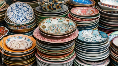 Stack of Vintage Dishes and Plates at a Flea Market