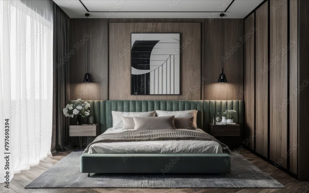 a bedroom with a bed and a painting on the wall a bedroom with a bed and a painting on the wall