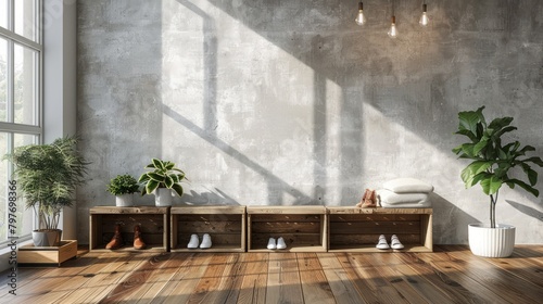 inimalist Shoe Storage Using Wooden Crates in a Sunlit Entryway