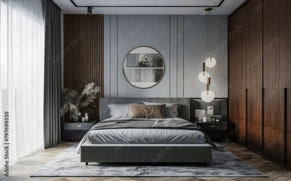 a bedroom with a bed and a painting on the wall a bedroom with a bed and a painting on the wall