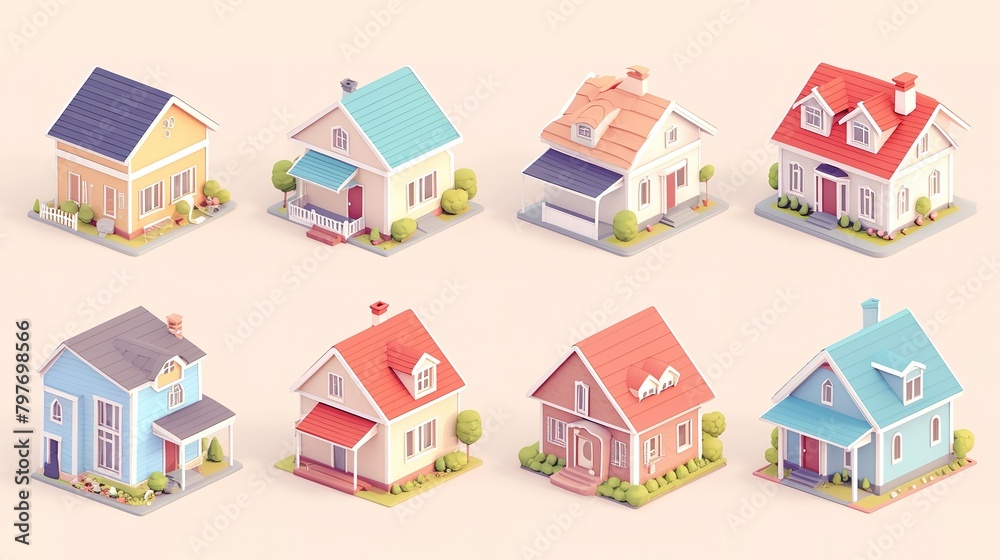 Set of 3d realistic homes isolated on light background. Real estate, mortgage, loan concept. House icons in cartoon minimal style. illustration 