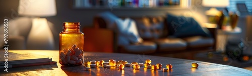 Many pills on the table next to a bottle. Medicine background 