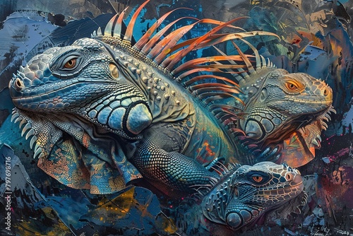 An abstract depiction of iguanas engaged in intricate interplay  their forms merging with the textures of the tropical surroundings --ar 3 2 Job ID  3b7bf04c-da09-4ba4-bd61-1335ab85da84