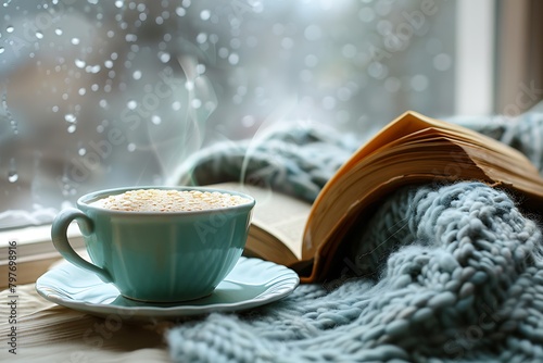 Porcelain cup with hot tea, soft blanket and open book by the window