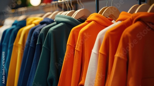 Assorted colorful hooded sweatshirts on wooden hangers against blurred background. Fashion and retail display of casual unisex wear for seasonal wardrobe update. Textile quality