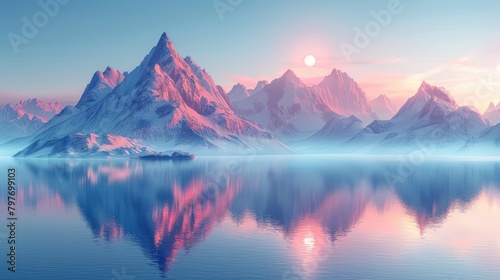 3d render, fantasy landscape panorama with mountains reflecting in the water © tydeline